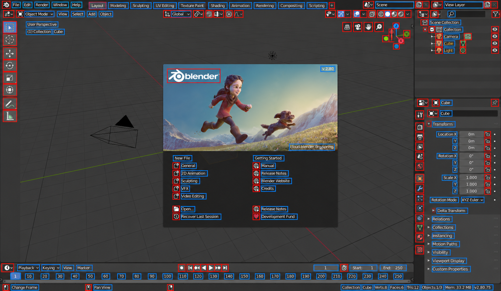 A Blender 2.80 window with its splash screen open, annotated by GPT-5.6 Terra. Red boxes sit tightly around icons, including the toolbar tools on the left, the viewport buttons at the top right, the object icons in the outliner and the property tabs on the right edge. Blue boxes sit around text labels, including the menu names File, Edit, Render, Window and Help, the workspace tabs from Layout to Scripting, the splash screen links from New File to Development Fund, the outliner entries Camera, Cube and Light, the Transform fields Location, Rotation and Scale, and the frame numbers along the timeline from 10 to 250.