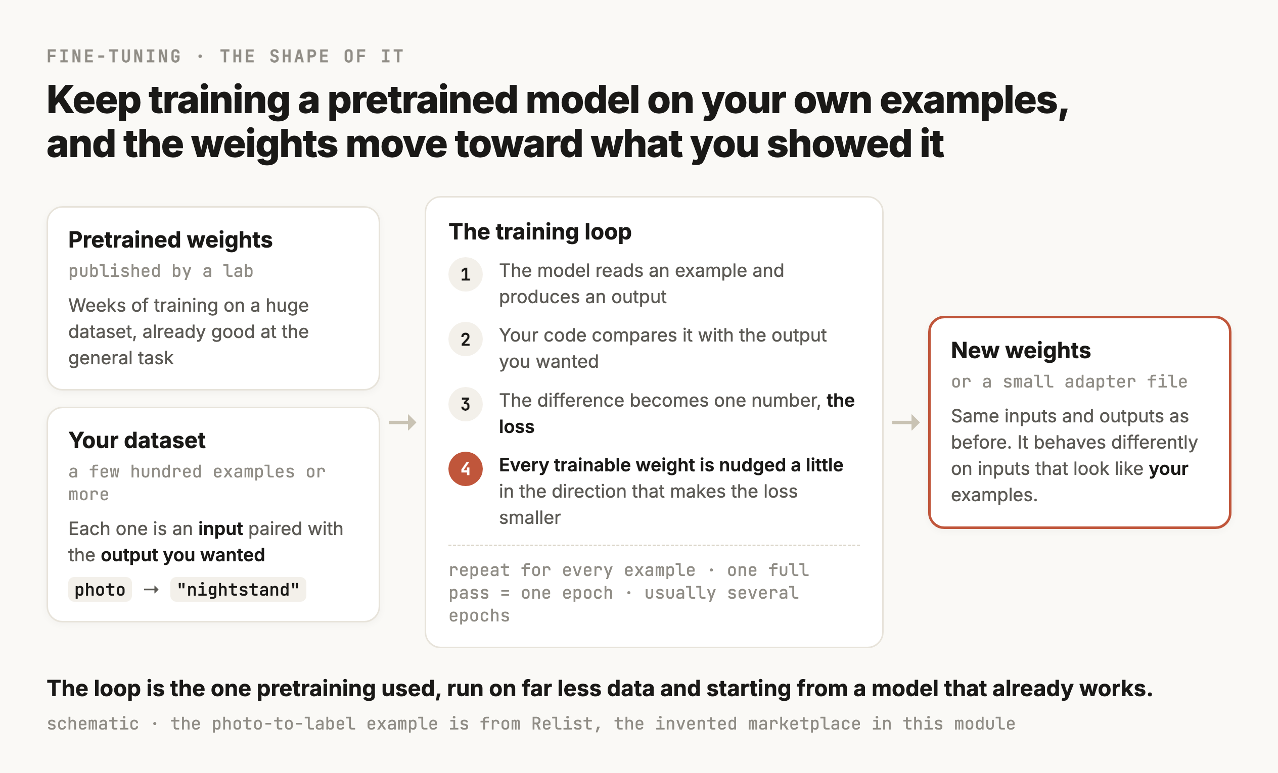 A diagram of fine-tuning in three columns. On the left, two inputs, the pretrained weights a lab published, and your dataset of examples, each an input paired with the output you wanted. In the middle, the training loop, drawn as a cycle of four steps, the model reads an example and produces an output, your code compares it with the output you wanted, the difference becomes one number called the loss, and every weight is nudged a little to make the loss smaller, repeated over the whole dataset for several epochs. On the right, the result, which is either new weights or a small adapter file on top of the original weights, with the same inputs and outputs as before.