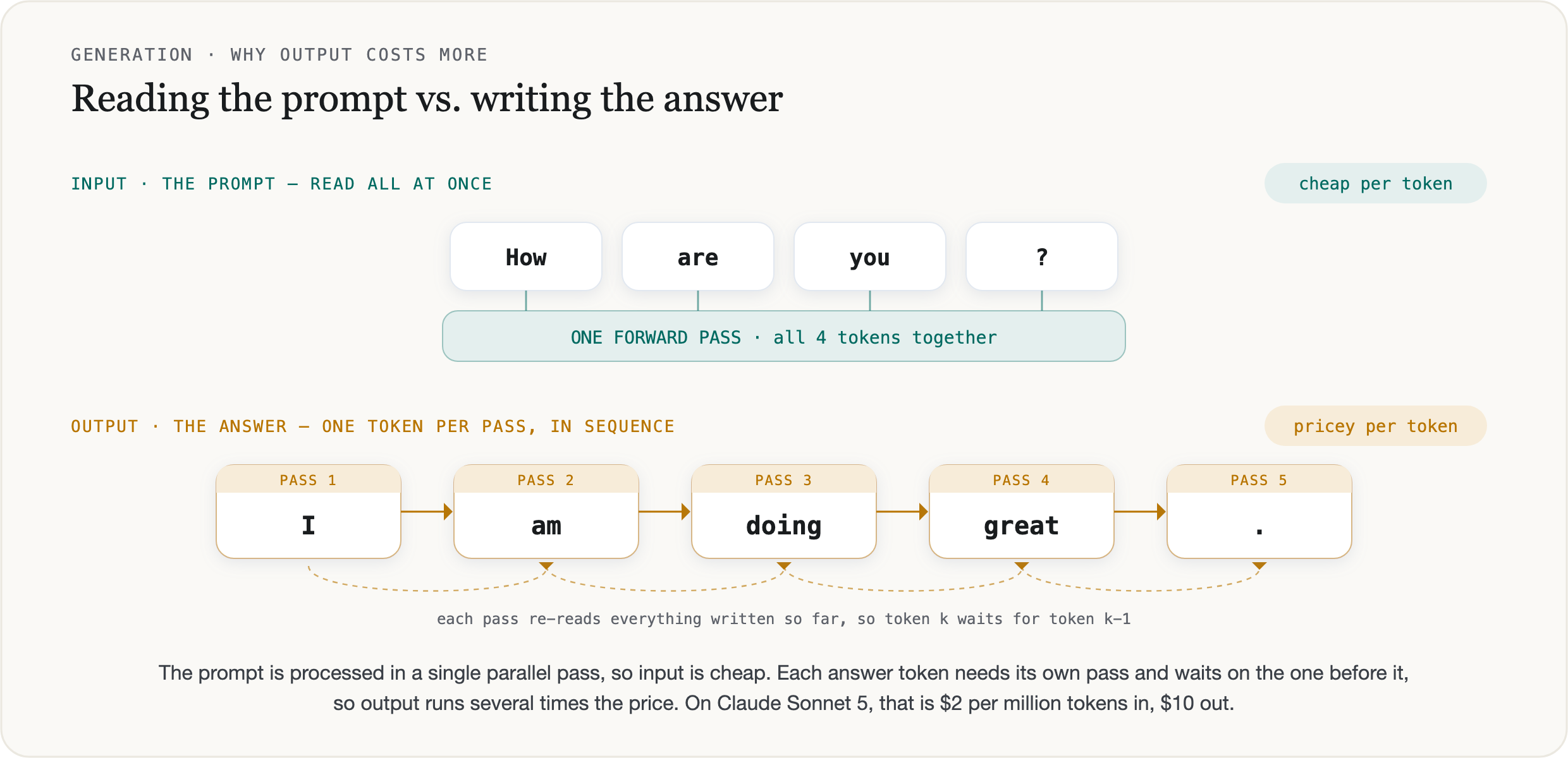 Input tokens from a prompt like “How are you?” are all processed together in a single forward pass, so input is cheap per token. Output tokens are generated one per pass, in sequence, each one waiting on the previous, so output is pricey per token.