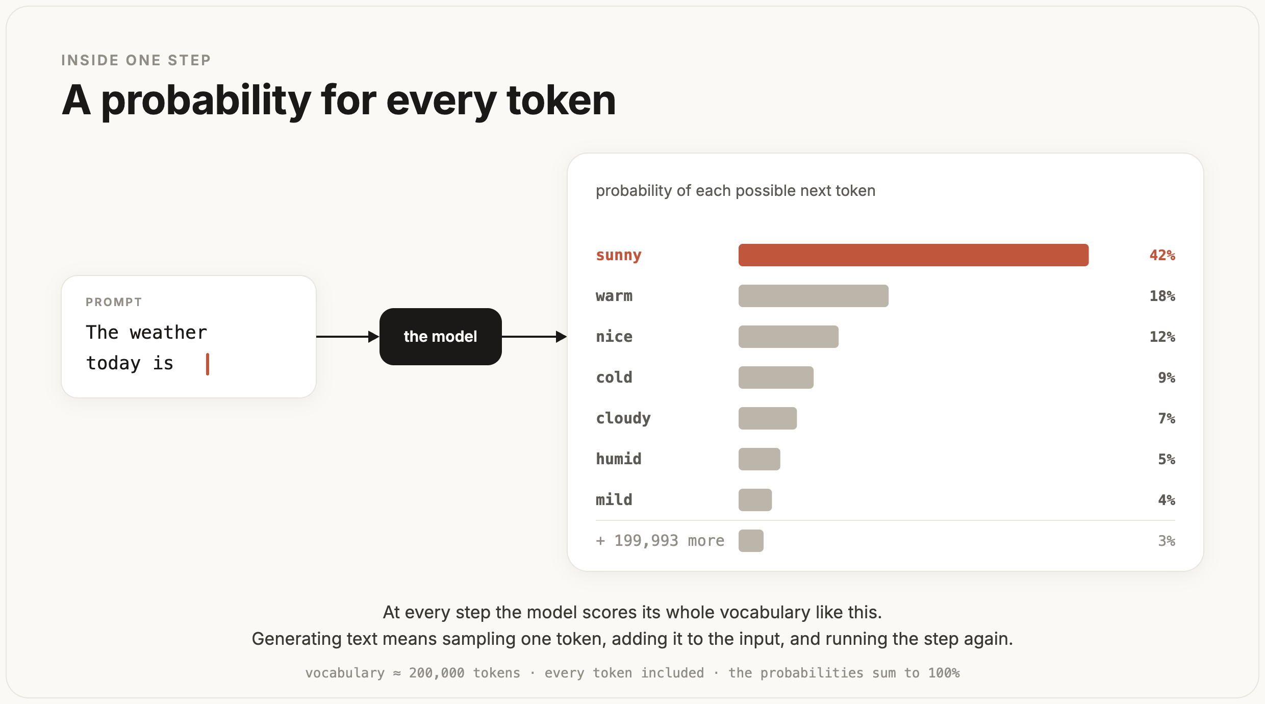 A prompt goes into the model and comes out as a ranked probability over every token in the vocabulary