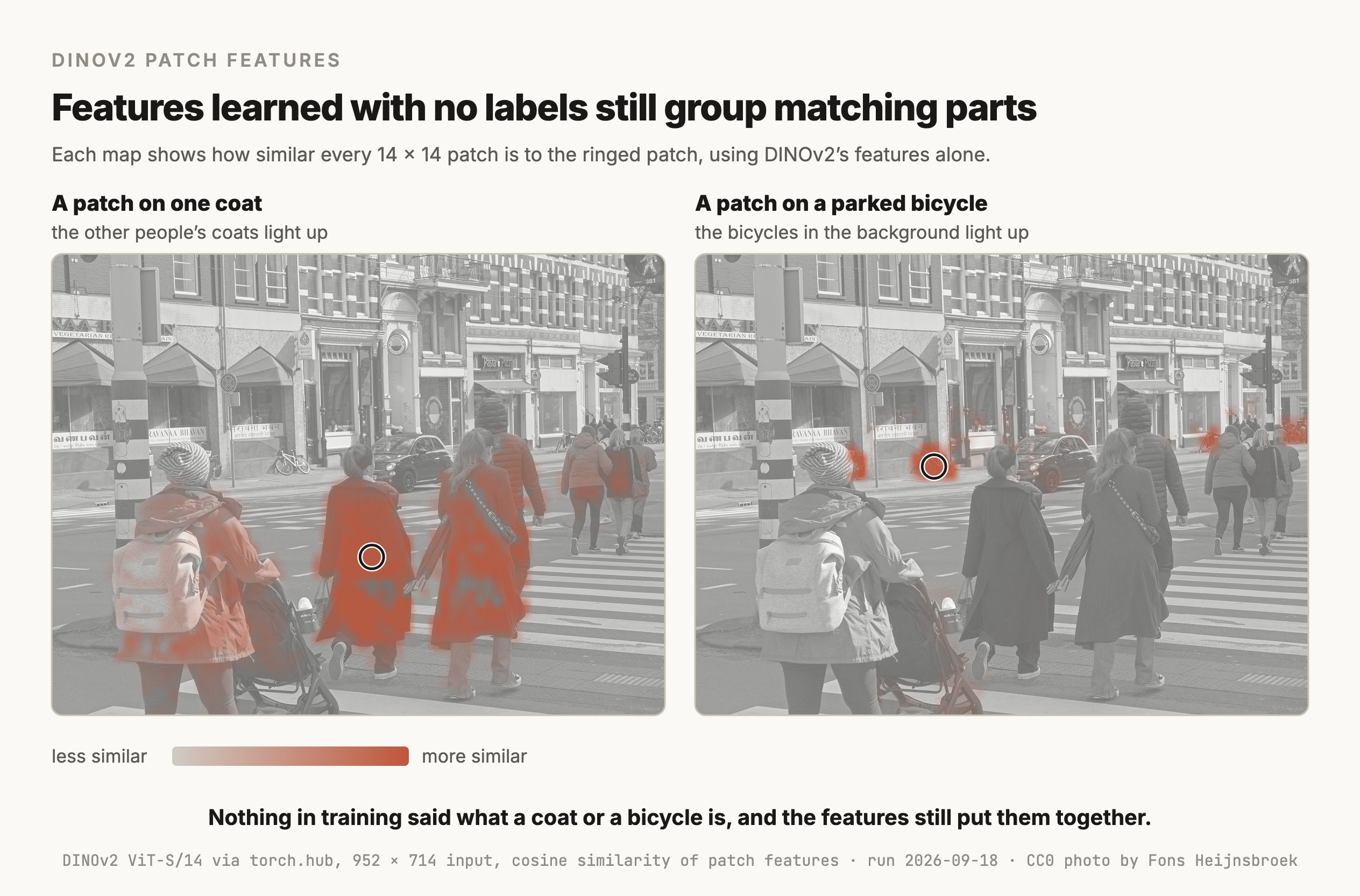 A figure titled "Features learned with no labels still group matching parts", with two grayscale copies of a street photo of people crossing a road. In the left copy, labeled "A patch on one coat, the other people's coats light up", a ring marks a patch on a dark coat, and the coats of the other people in the scene are colored terracotta, most strongly the two nearest dark coats. In the right copy, labeled "A patch on a parked bicycle, the bicycles in the background light up", a ring marks a patch on a bicycle parked by a building, and small patches on the bicycles further back in the scene turn terracotta while the people stay gray. A legend runs from less similar to more similar. The caption says nothing in training said what a coat or a bicycle is, and the features still put them together.
