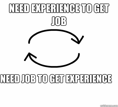 Meme showing a cycle: need experience to get job, need job to get experience.